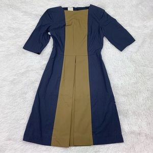 Trademark short‎ sleeve square neck Colorblock dress pleated front navy blue